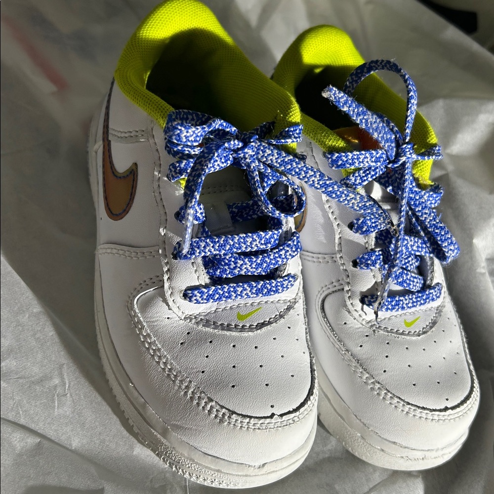Nike White Sneakers with Blue and Yellow‎ Highlights